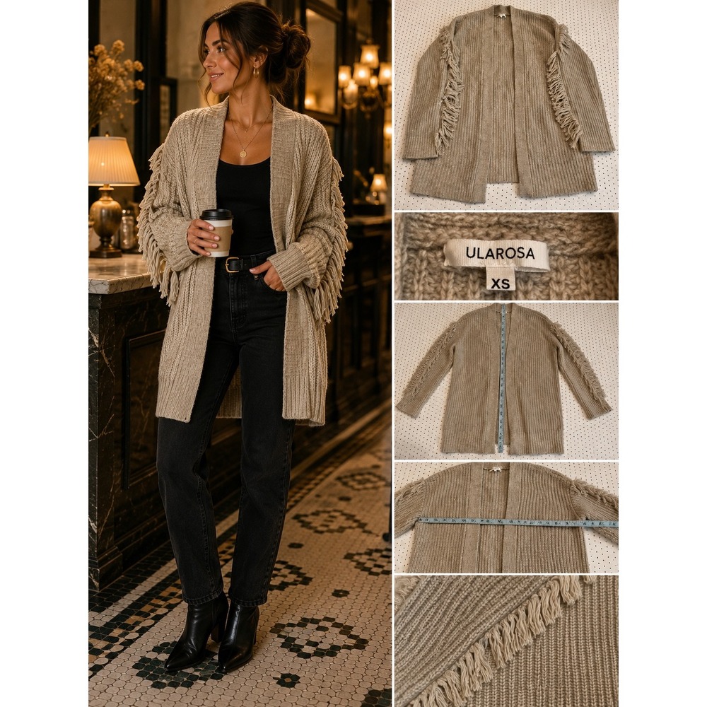 Tularosa Cardigan XS Oatmeal Chunky Ribbed Knit Fringe Sleeve Open Front Sweater